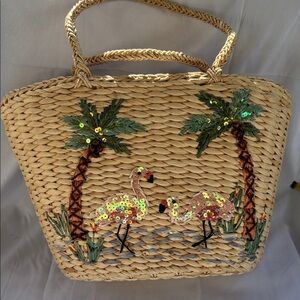 Tropical Woven Tote Bag with Sequined Flamingo Palm Tree Design